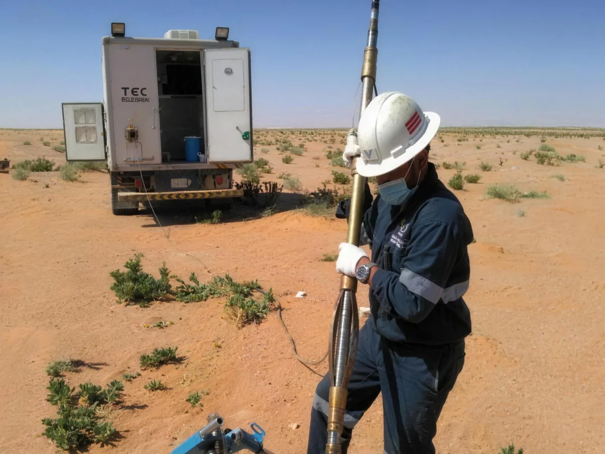 Operator running a logging probe into a well beside the logging unit